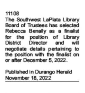 Notice of Selection of Rebecca Benally as finalist, Director Position. dated 11/18/22