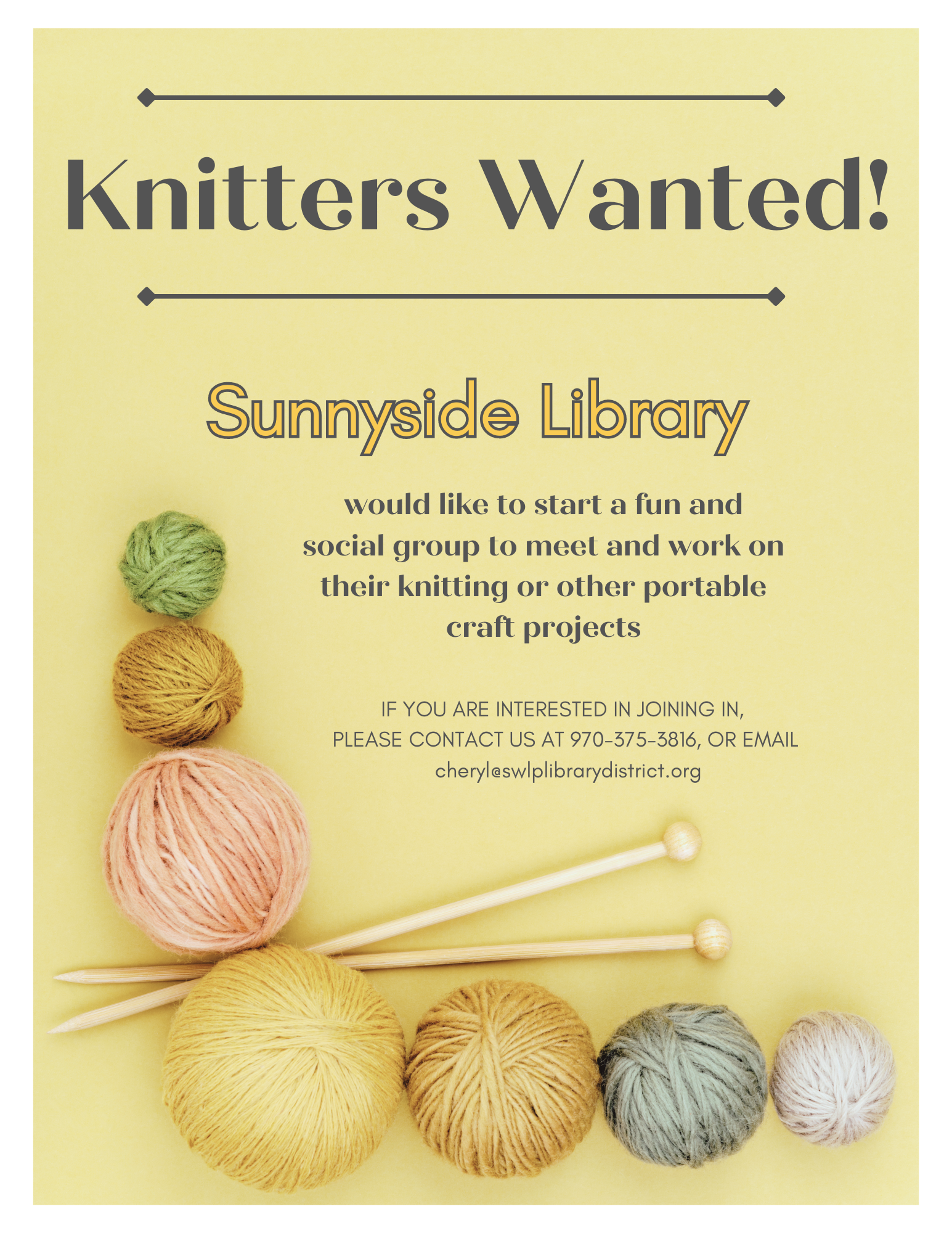 Skeins of yarn and knitting needles surrounded by content saying "Knitters Wanted"