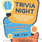 Trivia Night. Come see what random information is hiding in the folds of your grey matter! Sunnyside Library, Tuesday, September 23rd, 5:30 - 7 pm. For more information email sspatron@swlplibrarydistrict.org or call (970) 425-5610, ext. 2