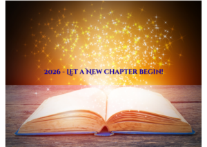 an open book on a tabled with stars rising above the open pages with the saying "2026 - Let a new chapter begin!"