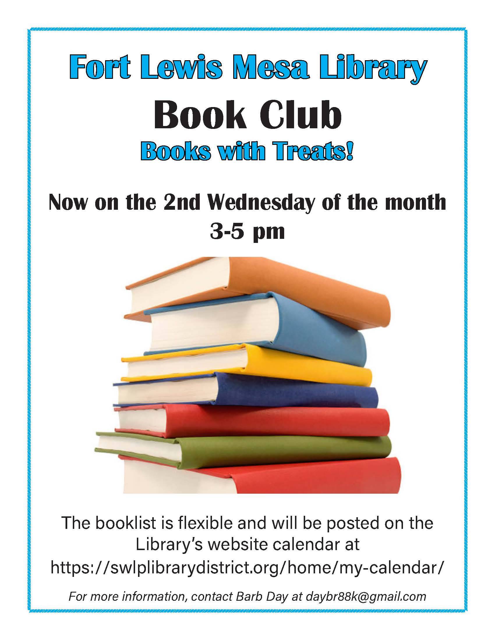 a pile of colorful books with the text "Fort Lewis Mesa Book Club, Now on the 2nd Wednesday of the month, 3-5 pm